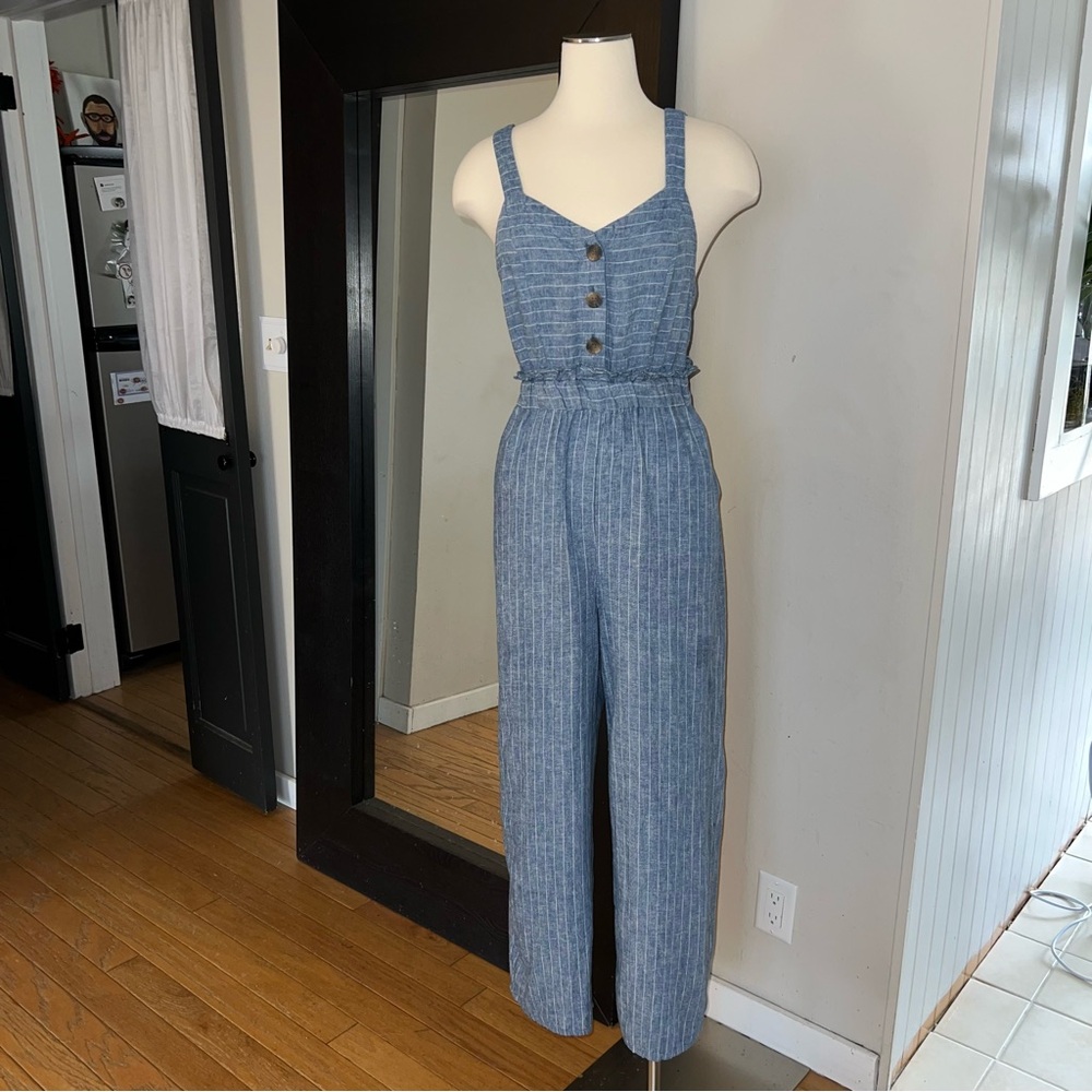 Romeo & Juliet Couture Women Blue Button Front Linen Blend Jumpsuit Medium
